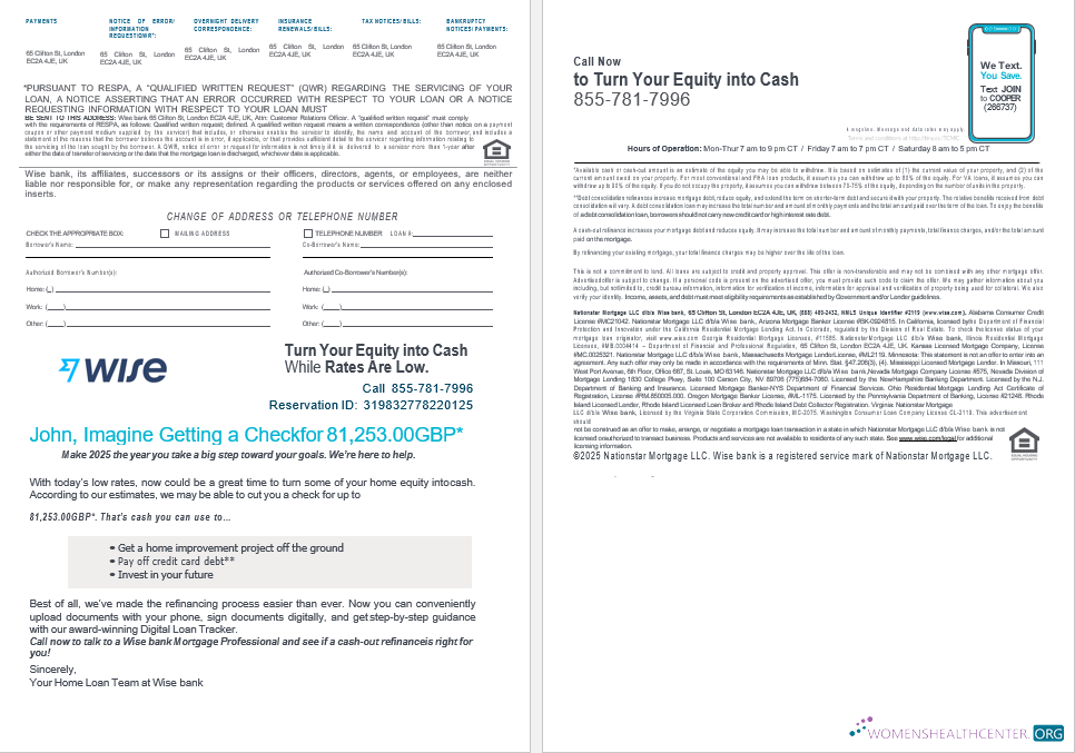 United Kingdom Wise bank mortgage loan statement in Word and PDF formats , 4 pages 3 4